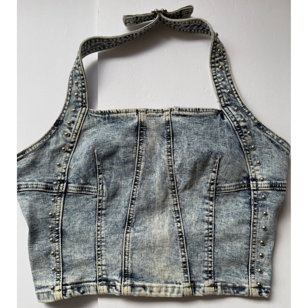BRIT THE LABEL Acid Wash Denim Studded Halter Corset Crop Top Blue Large